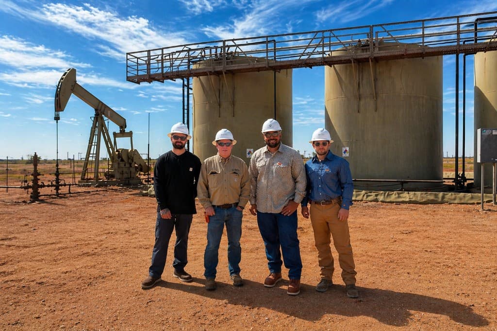 Integrity field team in hard hats at an industrial oil and gas site with storage tanks and equipment.